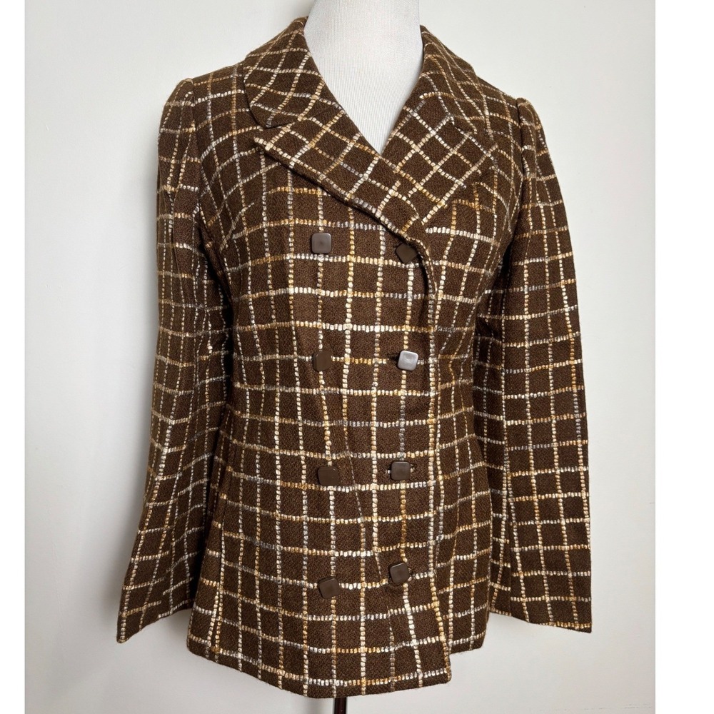 Corner House Womens Vintage 70s Double Breasted Blazer 6 Tweed Dark‎ Academia